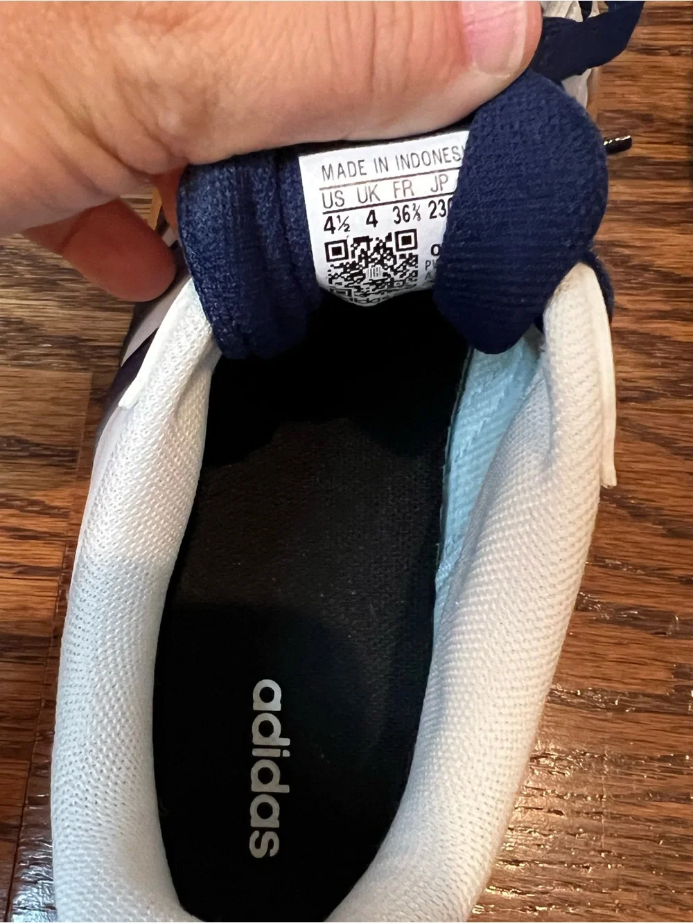 adidas White and Navy Leather Sneakers with Gum Outsole